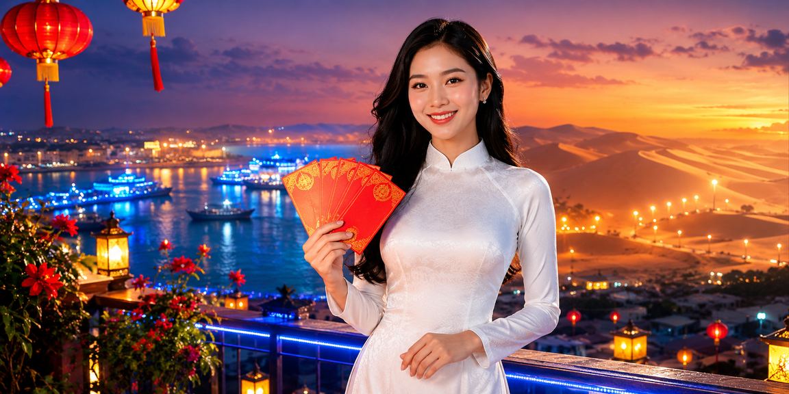 Người chơi nhận thưởng tại Mui Ne trong trang phục truyền thống Áo Dài